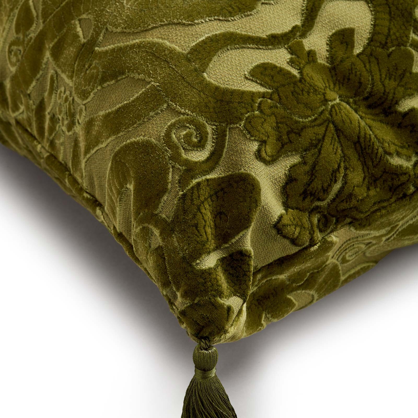 ANACONDA Large Tassel Cut-Velvet Cushion - Olive Green - Image 3